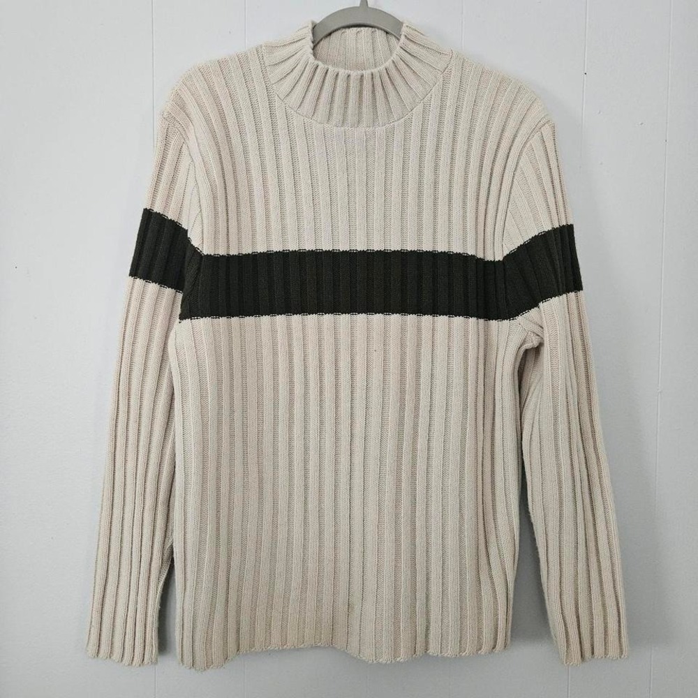 Aeropostale‎ Ribbed Knit Sweater Mens M Cream Green Good Mock Neck Stripe Y2k